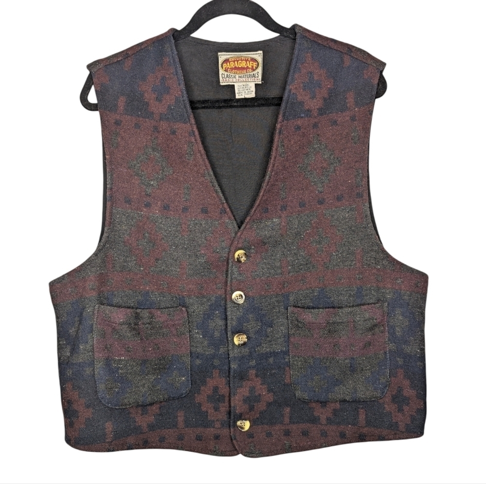 Vintage 90s Southwestern Aztec Wool Blend Vest Button Front Size L